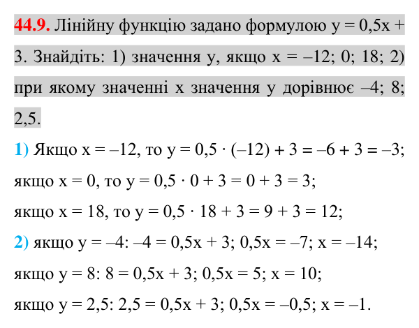 Завдання 44.9 Відповідь до завдання 44.9 (с. 107) з математики для 7 класу (Істер, 2024): Лінійна функція, її графік і властивості