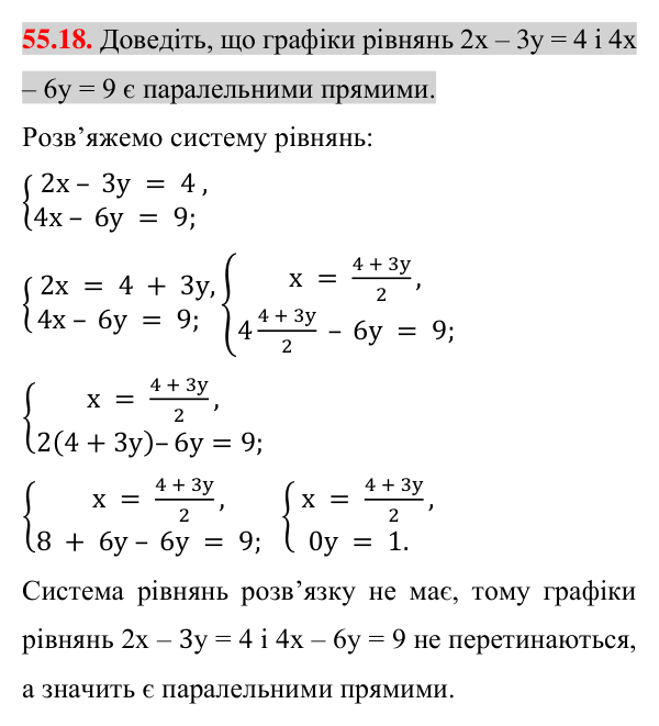Завдання 55.18 Відповідь до завдання 55.18 (с. 192) з математики для 7 класу (Істер, 2024): Розв’язування систем двох лінійних рівнянь…
