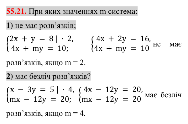 Відповідь до завдання 55.21 (с. 192) з математики для 7 класу (Істер, 2024): Розв’язування систем двох лінійних рівнянь…