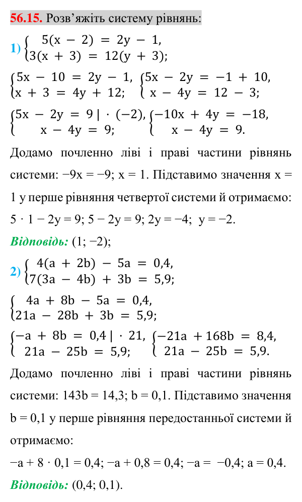Завдання 56.15 Відповідь до завдання 56.15 (с. 197) з математики для 7 класу (Істер, 2024): Розв’язування систем двох лінійних рівнянь…