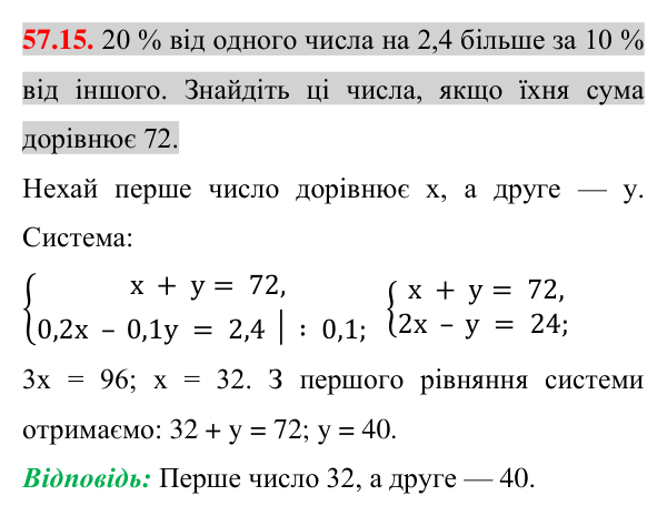 Відповідь до завдання 57.15 (с. 202) з математики для 7 класу (Істер, 2024): Розв’язування задач за допомогою систем…