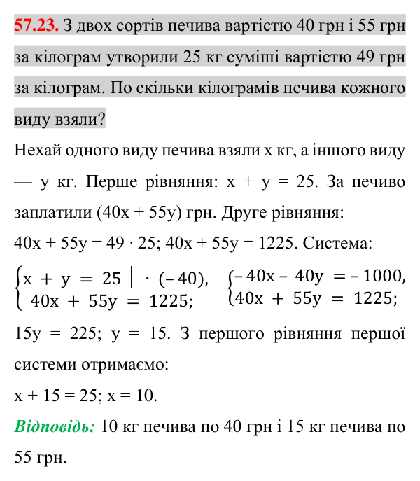 Завдання 57.23 Відповідь до завдання 57.23 (с. 203) з математики для 7 класу (Істер, 2024): Розв’язування задач за допомогою систем…