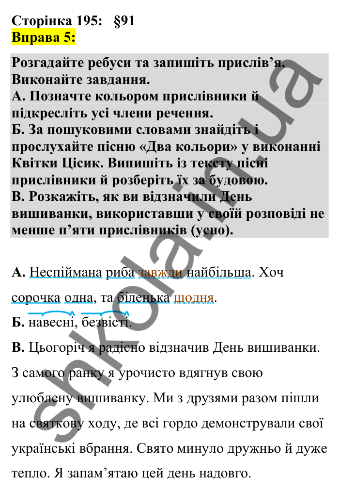 Відповідь до вправи 5 сторінка 195 ГДЗ Українська мова 7 клас Авраменко 2024