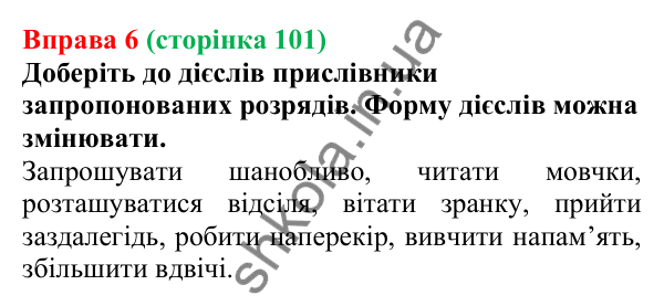 Відповідь до вправи 6 (с. 101) з української мови для 7 класу (Голуб, 2024): Прислівник як частина мови