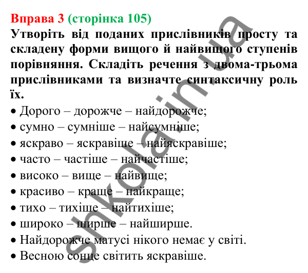 Відповідь до вправи 3 (с. 105) з української мови для 7 класу (Голуб, 2024): Ступені порівняння прислівників