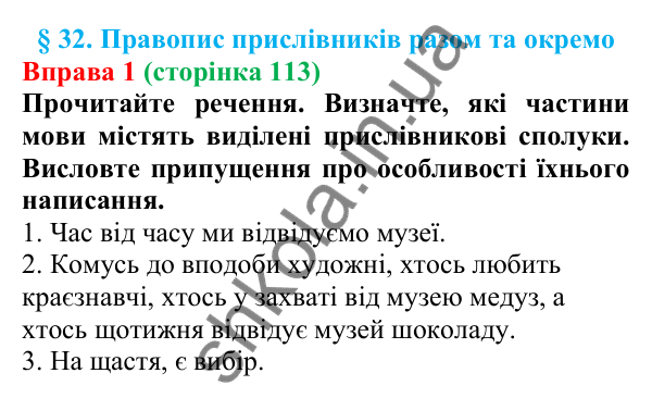 Відповідь до вправи 1 (с. 113) з української мови для 7 класу (Голуб, 2024): Правопис прислівників разом та окремо