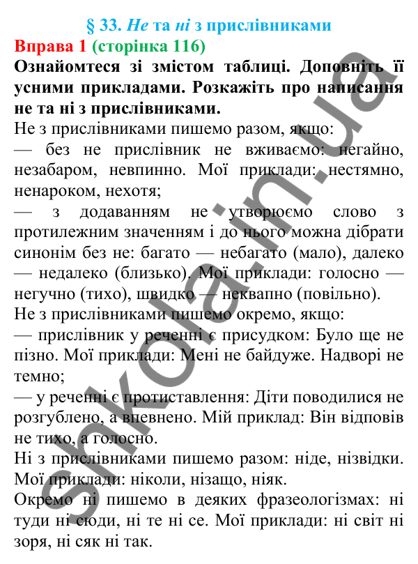 Відповідь до вправи 1 (с. 116) з української мови для 7 класу (Голуб, 2024): Не та ні з прислівниками