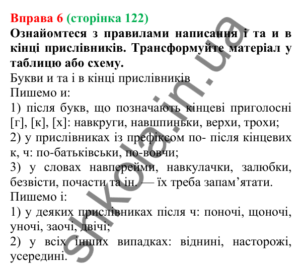 Відповідь до вправи 6 (с. 122) з української мови для 7 класу (Голуб, 2024): Букви -н- і -нн- у прислівниках. Букви и та і в кінці…