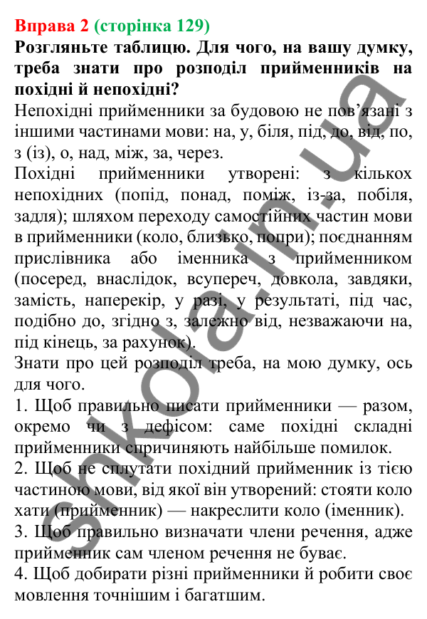 Відповідь до вправи 2 (с. 129) з української мови для 7 класу (Голуб, 2024): Непохідні й похідні прийменники. Особливості написання