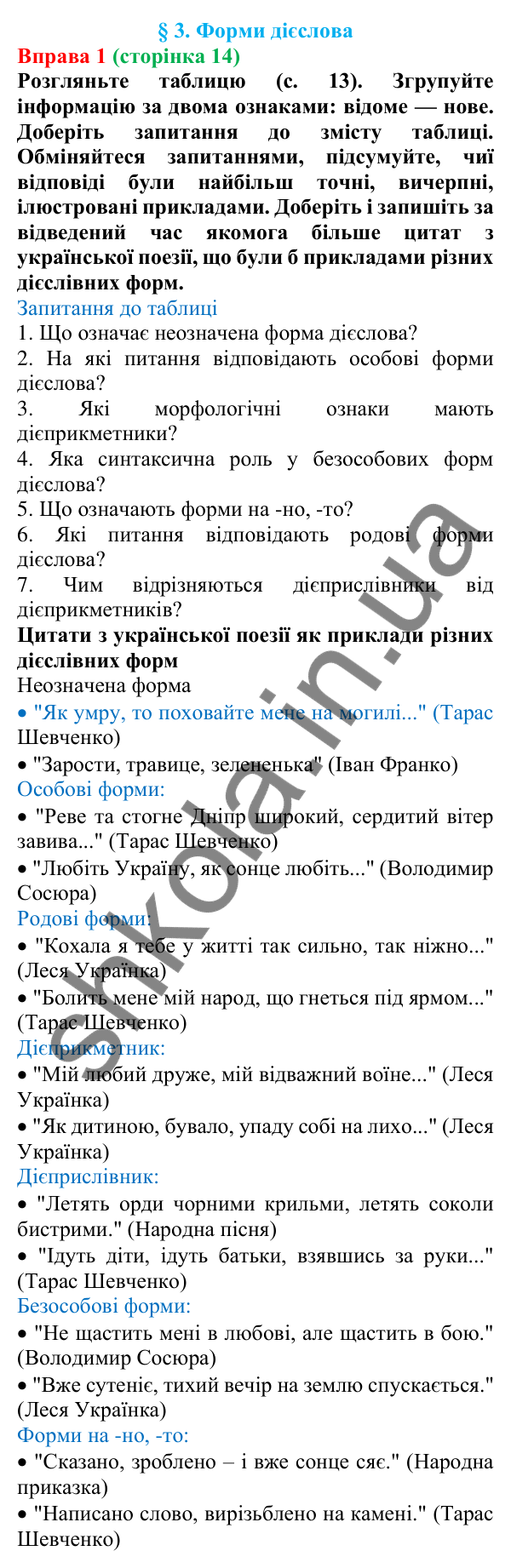 Відповідь до вправи 1 (с. 14) з української мови для 7 класу (Голуб, 2024): Форми дієслова