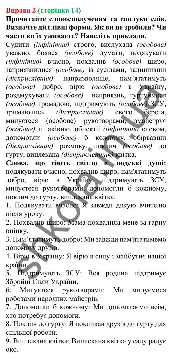 Відповідь до вправи 2 (с. 14) з української мови для 7 класу (Голуб, 2024): Форми дієслова
