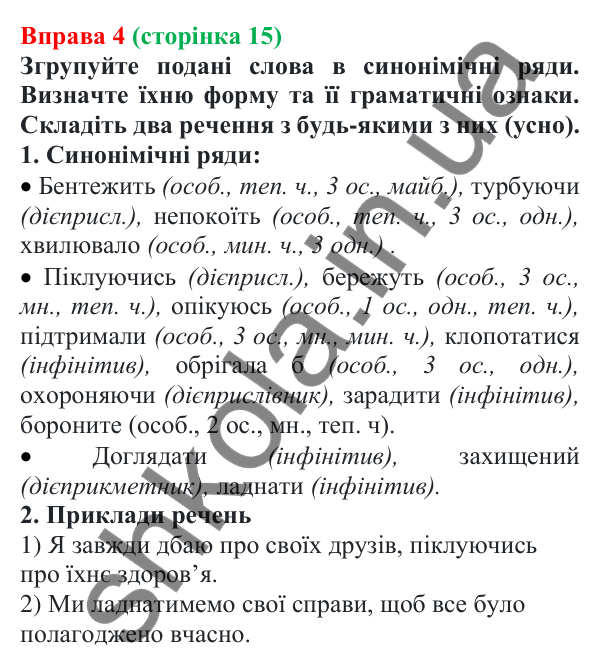 Відповідь до вправи 4 (с. 15) з української мови для 7 класу (Голуб, 2024): Форми дієслова