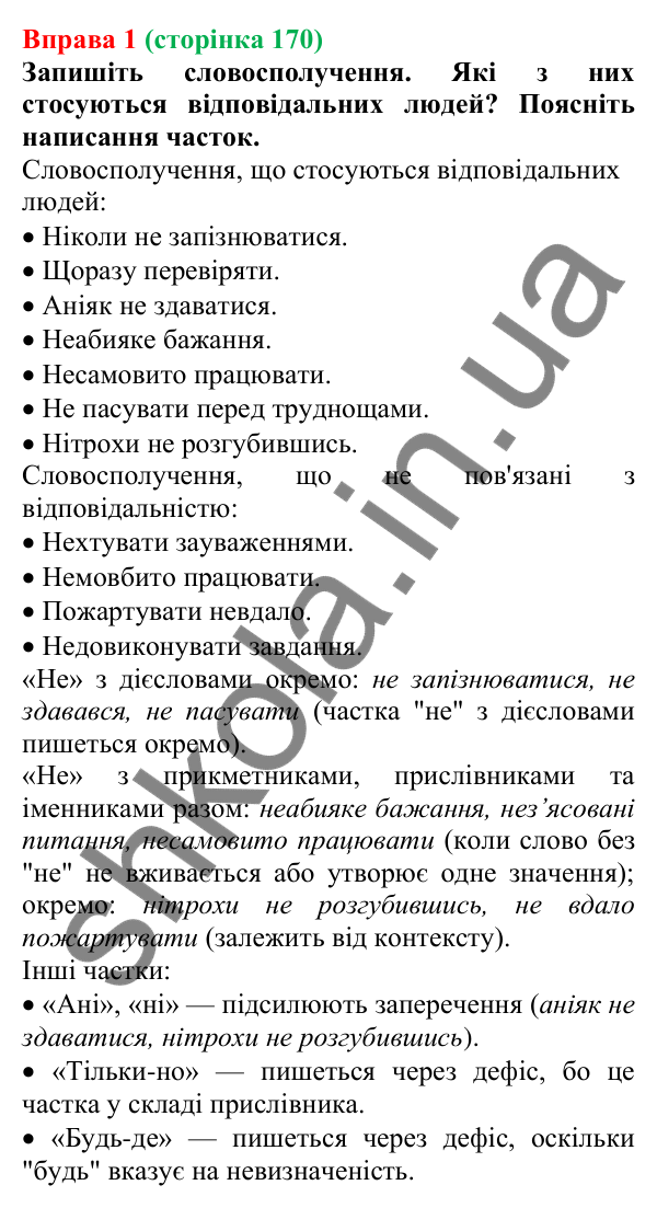 Відповідь до вправи 1 (с. 170) з української мови для 7 класу (Голуб, 2024): Правопис часток (узагальнення)