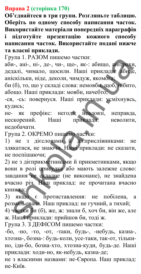 Відповідь до вправи 2 (с. 170) з української мови для 7 класу (Голуб, 2024): Правопис часток (узагальнення)