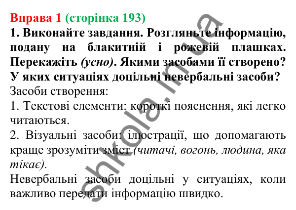 Відповідь до вправи 1 (с. 193) з української мови для 7 класу (Голуб, 2024): Вербальні й невербальні засоби інформації