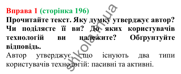 Відповідь до вправи 1 (с. 196) з української мови для 7 класу (Голуб, 2024): Опрацювання та перетворення інформації