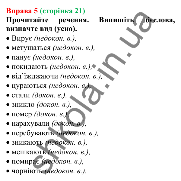 Відповідь до вправи 5 (с. 21) з української мови для 7 класу (Голуб, 2024): Види дієслова