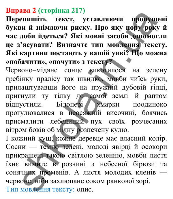 Відповідь до вправи 2 (с. 217) з української мови для 7 класу (Голуб, 2024): Опис у художніх текстах
