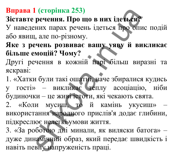 Відповідь до вправи 1 (с. 253) з української мови для 7 класу (Голуб, 2024): Засоби прикрашання мовлення: фразеологізми, інтонаційний малюнок
