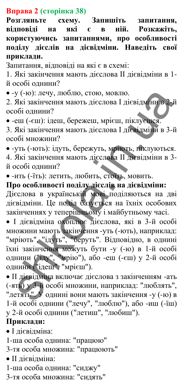 Відповідь до вправи 2 (с. 38) з української мови для 7 класу (Голуб, 2024): Дієслова I та II дієвідмін. Букви е, и в особових закінченнях