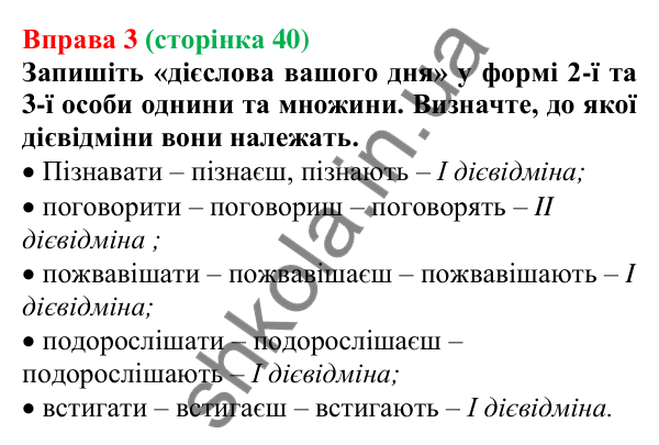 Відповідь до вправи 3 (с. 40) з української мови для 7 класу (Голуб, 2024): Дієслова I та II дієвідмін. Букви е, и в особових закінченнях