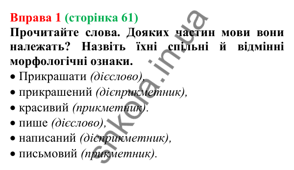 Відповідь до вправи 1 (с. 61) з української мови для 7 класу (Голуб, 2024): Дієприкметник як особлива форма дієслова: значення…