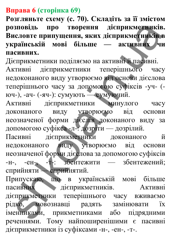 Відповідь до вправи 6 (с. 69) з української мови для 7 класу (Голуб, 2024): Активні й пасивні дієприкметники. Особливості творення…