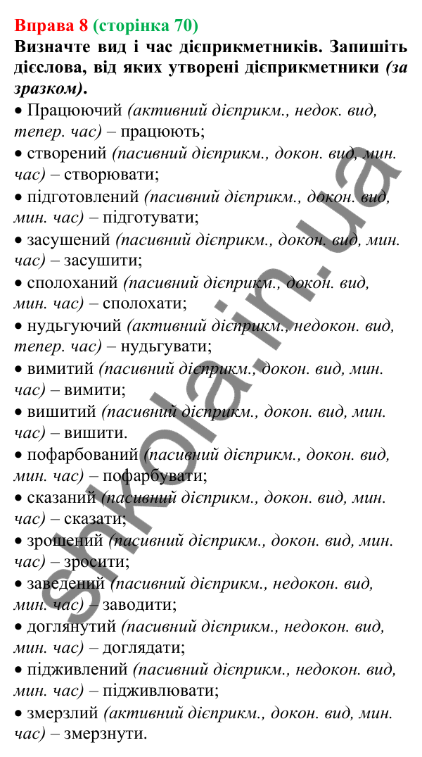 Відповідь до вправи 8 (с. 70) з української мови для 7 класу (Голуб, 2024): Активні й пасивні дієприкметники. Особливості творення…