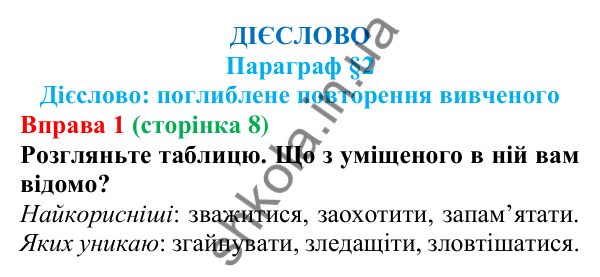 Відповідь до вправи 1 (с. 8) з української мови для 7 класу (Голуб, 2024): Дієслово: поглиблене повторення вивченого
