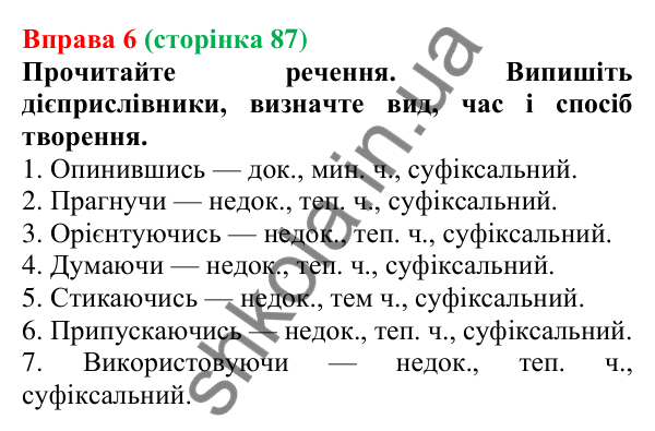 Відповідь до вправи 6 (с. 87) з української мови для 7 класу (Голуб, 2024): Вид і час дієприслівників