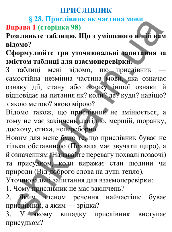 Відповідь до вправи 1 (с. 98) з української мови для 7 класу (Голуб, 2024): Прислівник як частина мови