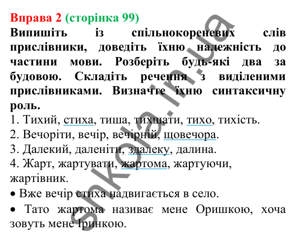 Відповідь до вправи 2 (с. 99) з української мови для 7 класу (Голуб, 2024): Прислівник як частина мови