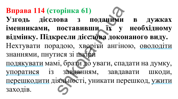Відповідь до вправи 114 (с. 61) з української мови для 7 класу (Онатій, 2024): Дієслово. Узагальнення