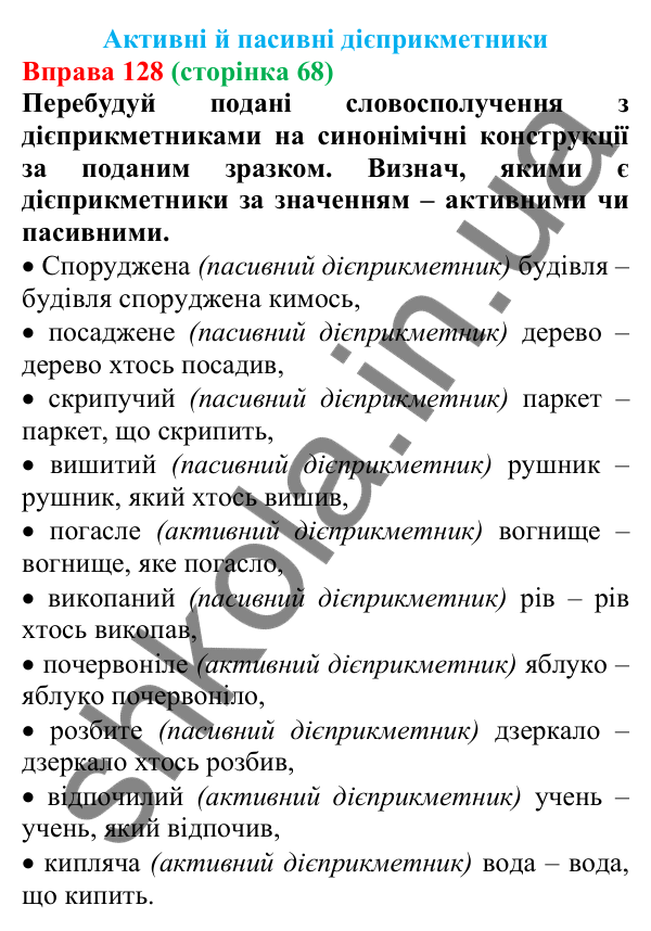 Відповідь до вправи 128 (с. 68) з української мови для 7 класу (Онатій, 2024): Активні й пасивні дієприкметники