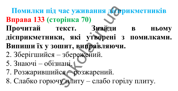Відповідь до вправи 133 (с. 70) з української мови для 7 класу (Онатій, 2024): Помилки під час уживання дієприкметників