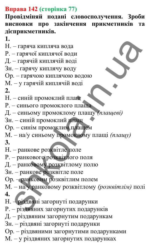 Відповідь до вправи 142 (с. 77) з української мови для 7 класу (Онатій, 2024): Відмінювання дієприкметників. Дієслівні форми на -но, -то