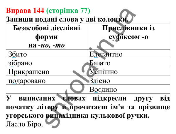 Відповідь до вправи 144 (с. 77) з української мови для 7 класу (Онатій, 2024): Відмінювання дієприкметників. Дієслівні форми на -но, -то