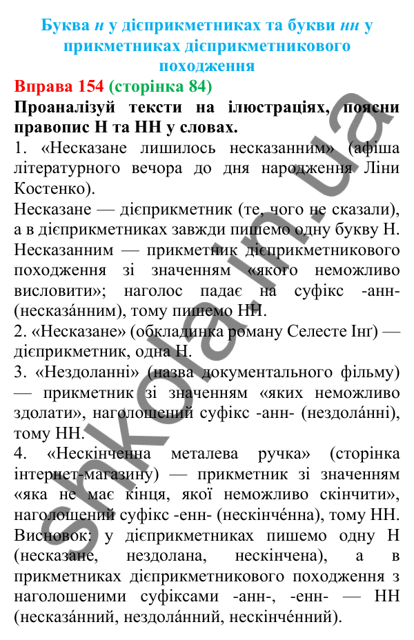 Відповідь до вправи 154 (с. 84) з української мови для 7 класу (Онатій, 2024): Буква Н у дієприкметниках та букви НН у прикметниках дієприкметникового походження