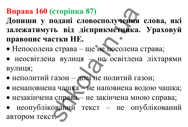 Відповідь до вправи 160 (с. 87) з української мови для 7 класу (Онатій, 2024): Написання НЕ з дієприкметниками