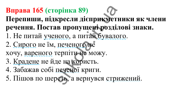 Відповідь до вправи 165 (с. 89) з української мови для 7 класу (Онатій, 2024): Дієприкметник. Узагальнення