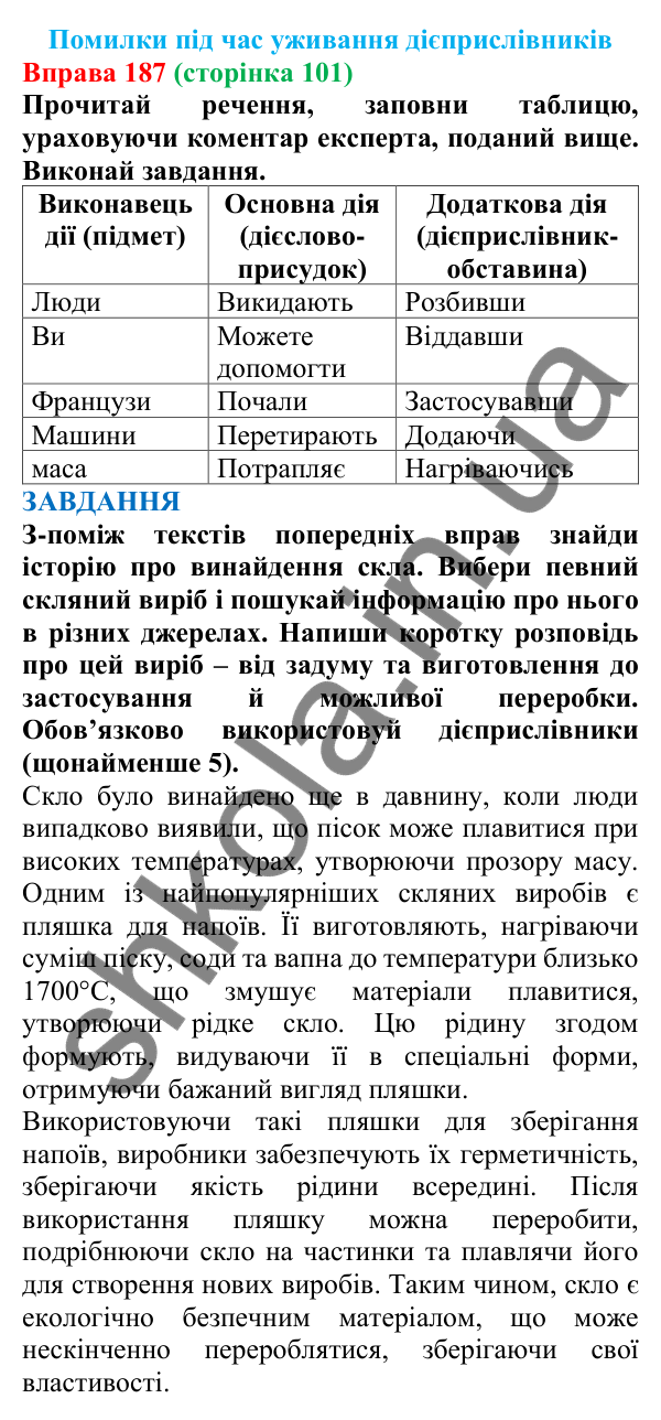 Відповідь до вправи 187 (с. 101) з української мови для 7 класу (Онатій, 2024): Помилки під час уживання дієприслівників