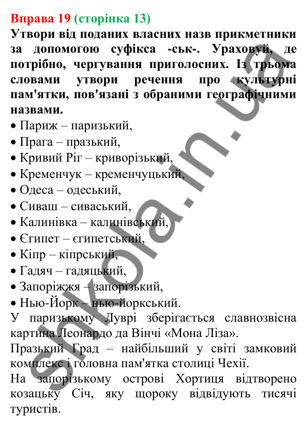 Відповідь до вправи 19 (с. 13) з української мови для 7 класу (Онатій, 2024): Будова слова. Словотвір. Орфографія