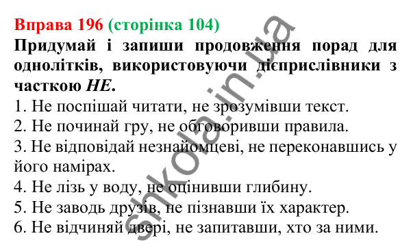 Відповідь до вправи 196 (с. 104) з української мови для 7 класу (Онатій, 2024): Написання НЕ з дієприслівниками