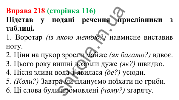 Відповідь до вправи 218 (с. 116) з української мови для 7 класу (Онатій, 2024): Прислівник як частина мови. Розряди прислівників за значенням