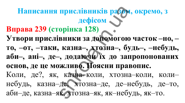 Відповідь до вправи 239 (с. 128) з української мови для 7 класу (Онатій, 2024): Написання прислівників разом, окремо, з дефісом