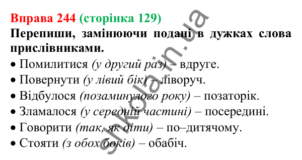 Відповідь до вправи 244 (с. 129) з української мови для 7 класу (Онатій, 2024): Написання прислівників разом, окремо, з дефісом