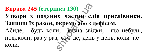Відповідь до вправи 245 (с. 130) з української мови для 7 класу (Онатій, 2024): Написання прислівників разом, окремо, з дефісом