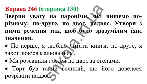 Відповідь до вправи 246 (с. 130) з української мови для 7 класу (Онатій, 2024): Написання прислівників разом, окремо, з дефісом