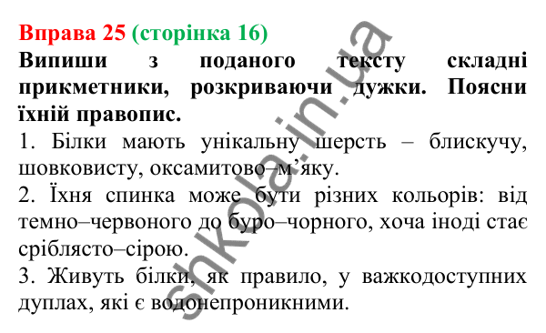 Відповідь до вправи 25 (с. 16) з української мови для 7 класу (Онатій, 2024): Іменник. Прикметник