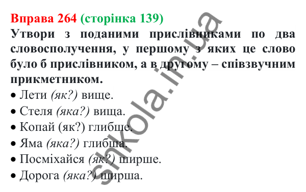 Відповідь до вправи 264 (с. 139) з української мови для 7 класу (Онатій, 2024): Прислівник. Узагальнення